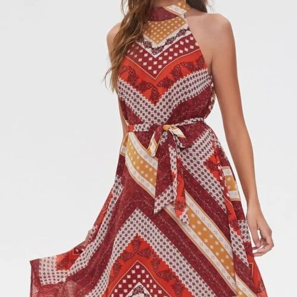 NWT High Neck Tie Waist Asymmetrical Pattern Dress - Picture 4 of 4